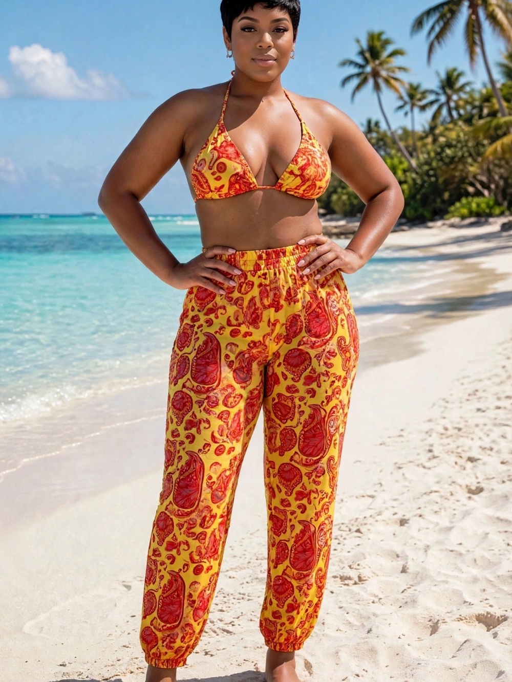 & Other Stories Yellow and Red Paisley Elastic-Waist Track Pants